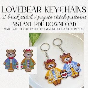 May include: Two beaded lovebear keychains, one in yellow and white, the other in blue and white, with brown bear faces and red hearts.  The keychains are made with 11/0 Miyuki Delica seed beads and are available as an instant PDF download.  LOVEBEAR KEYCHAINS 2 brick stitch/peyote stitch patterns INSTANT PDF DOWNLOAD MADE WITH 11 COLORS OF 11/0 MIYUKI DELICA SEED BEADS