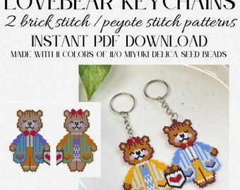 2 Piece Brick Stitch & Peyote Stitch Vday Lovebear Keychain Ornament Figurines Bead Pattern Gift Set DIY Beading Tutorial Design Instant PDF
