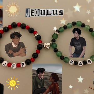 May include: Two beaded bracelets with illustrations and letter beads spelling out "JFP" and "RAB". One bracelet has red, black, and white beads, the other has green and black beads. A heart-shaped magnetic clasp connects them. The word "JEGULUS" is at the top.