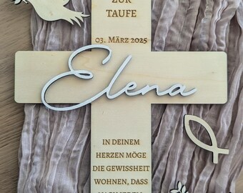 Baptismal cross made of wood personalized with name and baptism saying – baptism gift for girls and boys – Christian wall cross with engraving