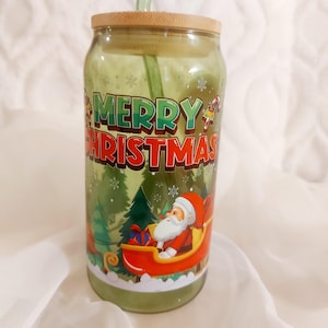 16 oz Christmas-themed Glass cup with Bamboo lid and Glass straw