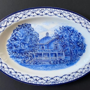 Personalized House Portrait Plate: Hand-Painted Delft Blue Porcelain