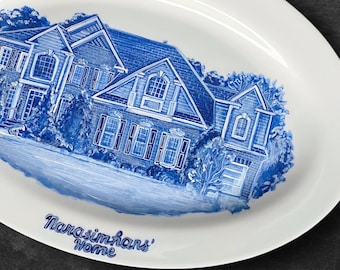 Hand-Painted Delft Blue House Portrait Plate: Custom Porcelain Wall Art