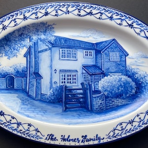 Hand-Painted House Portrait Plate: Custom Porcelain Platter, Delft Blue Style
