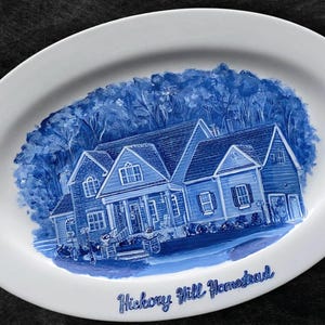 Hand Painted Delft Blue House Portrait Plate: Custom Porcelain Platter