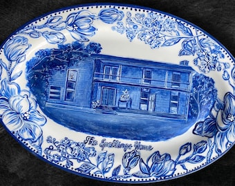 Hand Painted Delft Blue House Portrait Plate: Personalized Porcelain Wall Art. Custom Christmas Gift