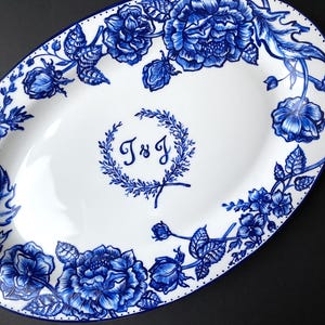 Hand-Painted Porcelain Wedding Plate: Delft Blue Floral, Custom Initials
