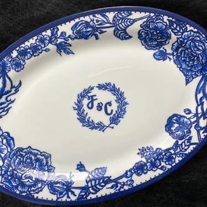 Custom wedding plate, Hand painted porcelain, Gift for newlyweds, Wedding initials logo, Wedding gift for the couple, Blue and white plate