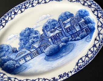 Custom House Portrait Plate: Hand-Painted Delft Blue Porcelain Platter