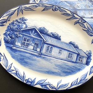 Custom House Portrait Plate: Hand-Painted Delft Blue Porcelain Platter