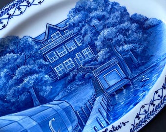 Custom House Portrait Plate: Hand-Painted Delft Blue Porcelain Platter