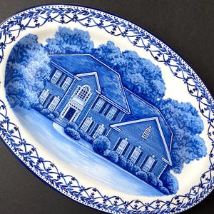 Hand-Painted Porcelain House Portrait Plate: Custom Delft Blue Platter
