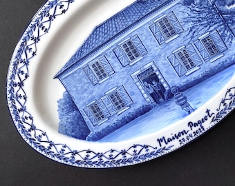 Custom Family Home Portrait Plate: Hand-Painted Delft Blue Ceramic. Personalised Christmas gift