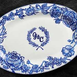Hand-Painted Porcelain Wedding Plate: Custom Initials, Delft Blue Floral