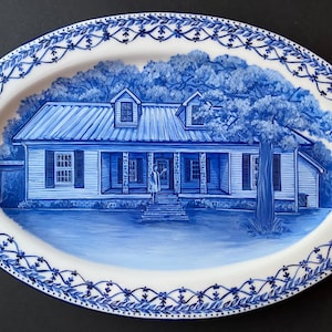 Hand-Painted Custom House Portrait Plate: Delft Blue Porcelain Platter