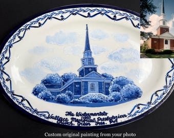 Custom House Portrait Plate from Photo, Hand Painted Delft Blue Porcelain, Personalized Wedding Gift, Home Keepsake, Custom Home Decor