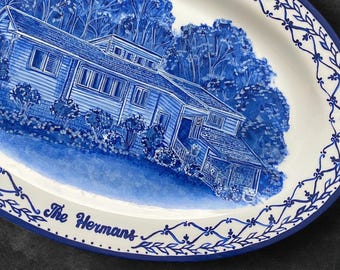 Hand Painted Delft Blue House Portrait Plate: Custom Porcelain Wall Art. Unique Christmas Gift