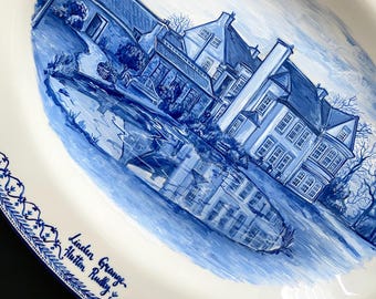 Hand Painted Custom House Portrait Plate: Delft Blue Porcelain Wall Art
