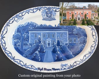 Custom Delft Blue Porcelain House Portrait Plate, Hand-Painted Home Artwork