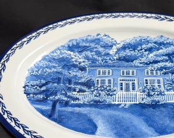 Hand-Painted House Portrait Plate: Custom Delft Blue Porcelain Platter. Personalised Christmas Gift