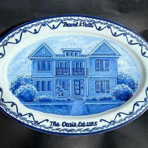 Hand-Painted House Portrait Plate: Custom Porcelain Platter, Delft Blue Style