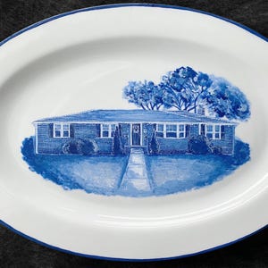 Hand-Painted Delft Blue House Portrait Plate: Custom Porcelain Wall Art