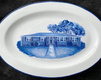 Hand-Painted Delft Blue House Portrait Plate: Custom Porcelain Wall Art. Personalised Christmas Gift