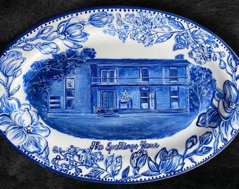 Hand-Painted House Portrait Plate: Custom Porcelain Platter, Delft Blue Style