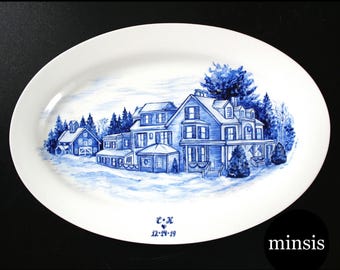 Hand-Painted Custom House Plate: Delft Blue Porcelain Platter. Personalised Christmas Gift