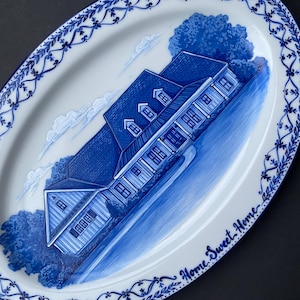 Custom House Portrait Plate: Hand-Painted Delft Blue Porcelain