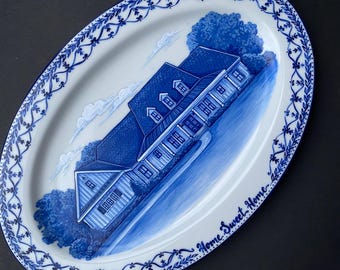 Custom House Portrait Plate: Hand-Painted Delft Blue Porcelain