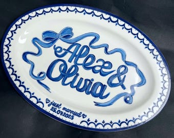 Hand-Painted Porcelain Wedding Plate: Delft Blue Ribbon, Custom Initials