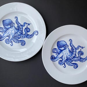Hand-Painted Octopus Plate, Nautical Ceramic Porcelain Wall Art, Delft Blue Plate, Coastal Decor