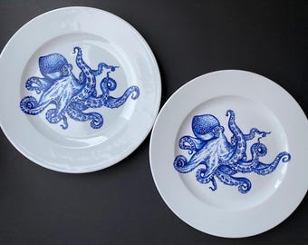 Hand-Painted Octopus Plate, Nautical Ceramic Porcelain Wall Art, Delft Blue Plate, Coastal Decor