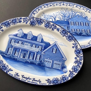 Custom House Portrait Plate: Hand-Painted Delft Blue Porcelain Platter