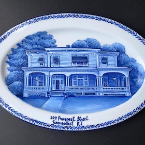 Hand Painted Custom House Portrait Plate: Delft Blue Porcelain