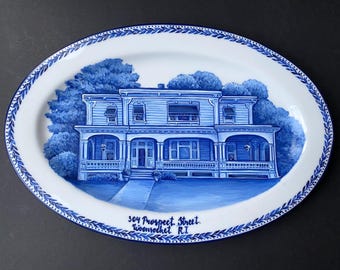 Hand Painted Custom House Portrait Plate: Delft Blue Porcelain