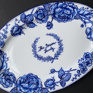 Custom wedding plate, Hand painted porcelain, Gift for newlyweds, Wedding initials logo, Wedding gift for the couple, Blue and white plate