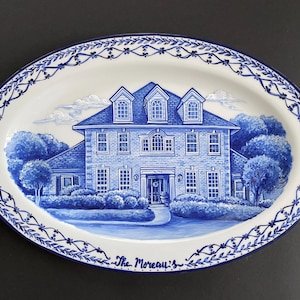 Hand-Painted House Portrait Plate: Delft Blue Style, Personalized Family Home Art