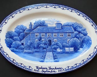 Hand-Painted House Portrait Plate: Custom Porcelain Platter, Delft Blue Style