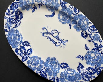 Hand-Painted Delft Blue Porcelain Platter: Custom Embroidered Design