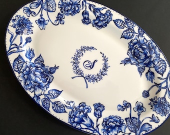 Hand-Painted Delft Blue Wedding Plate: Personalized Porcelain Keepsake. Custom Christmas gift