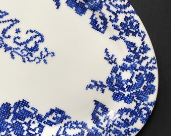 Hand-Painted Delft Blue Porcelain Platter: Custom Embroidered Design