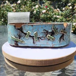Könnte beinhalten: Ein ovaler Bonsai-Topf aus Keramik mit hellblauer Glasur. Die Außenseite ist mit dunkelbraunen, astähnlichen Texturmustern und kleinen, erhabenen rechteckigen grünen Akzenten versehen. Der Rand des Topfes weist eine gewellte Form auf.