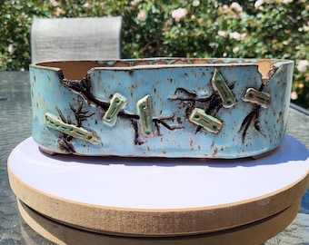 Bonsai Pot / Handmade / Oval / Blue and Brown with Faux Crack and Patches