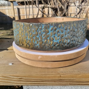 Bonsai Pot / Handmade-carved / Green & Blue with Leaves