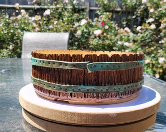 Bonsai Pot / Handmade / Round / Brown Barrel with Patina Green Rings