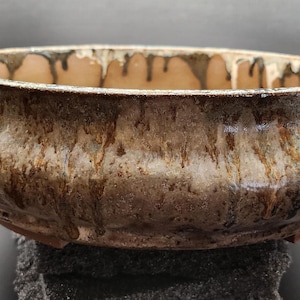 May include: A brown and white ceramic planter with a textured surface and a drip glaze. The planter has a wide, round base and a slightly flared rim.