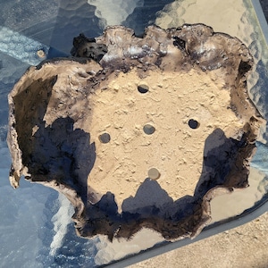 Könnte beinhalten: Ein handgefertigter Bonsai-Topf mit unregelmäßiger Form. Der Topf hat einen hellbraunen Innenraum mit mehreren Abzugslöchern und eine dunkelbraune, strukturierte Außenseite. Der Rand hat eine raue, unebene Kante.