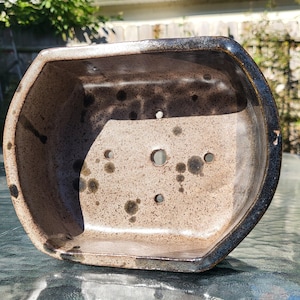 May include: A ceramic bonsai pot with a unique hexagonal shape. The pot has a speckled, light brown interior and a dark brown, glossy rim. Several drainage holes are visible in the base. The pot is designed for planting small trees.